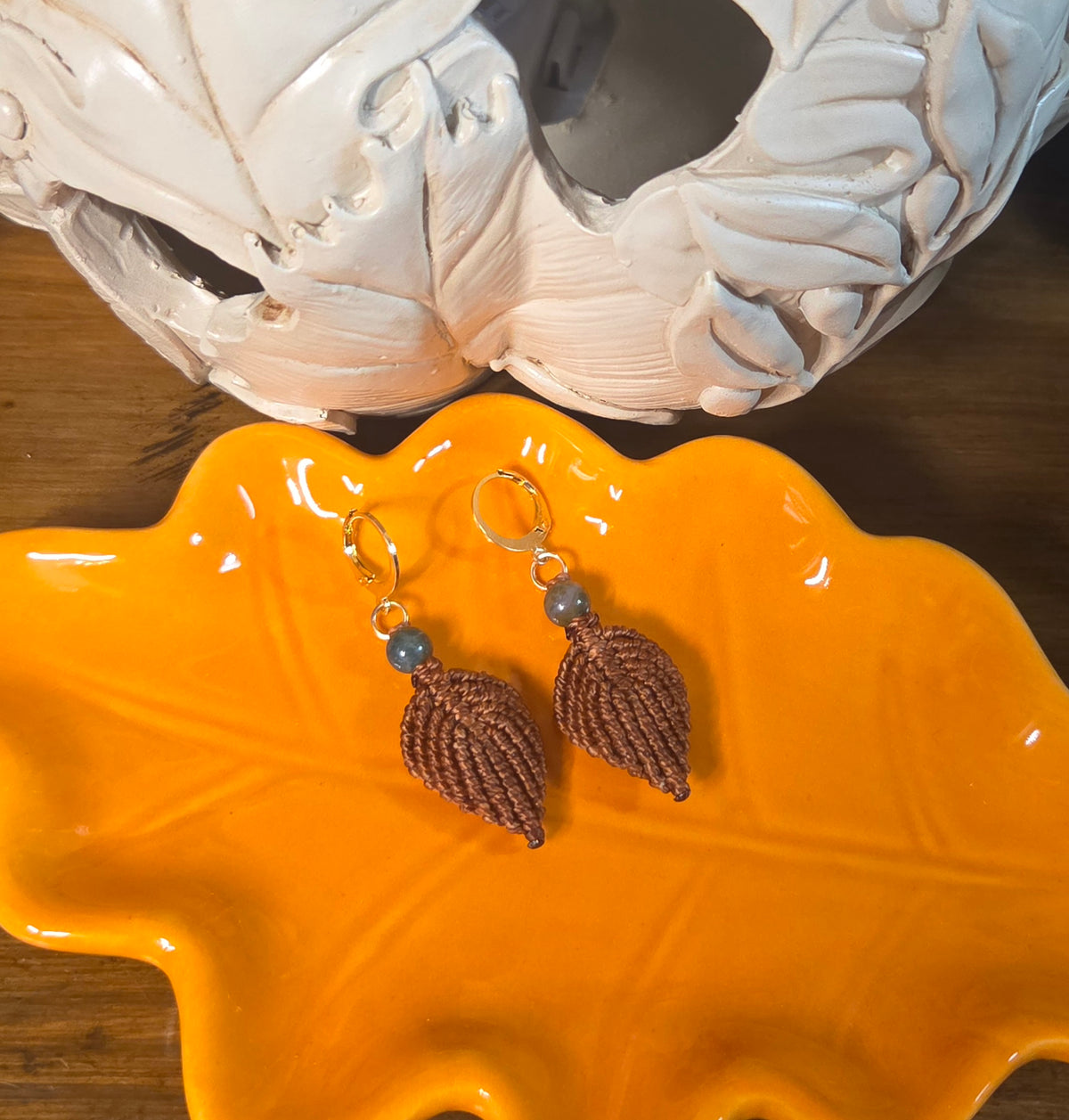 Autumn Macreme Leaf Earrings - Light Brown