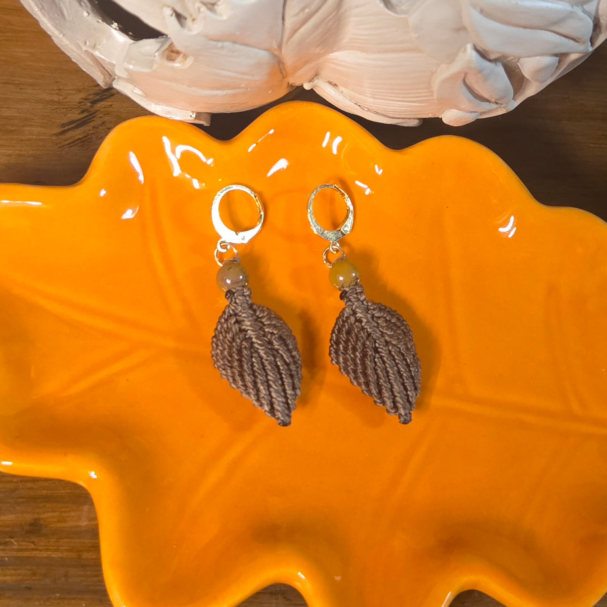 Autumn Macreme Leaf Earrings - Khaki