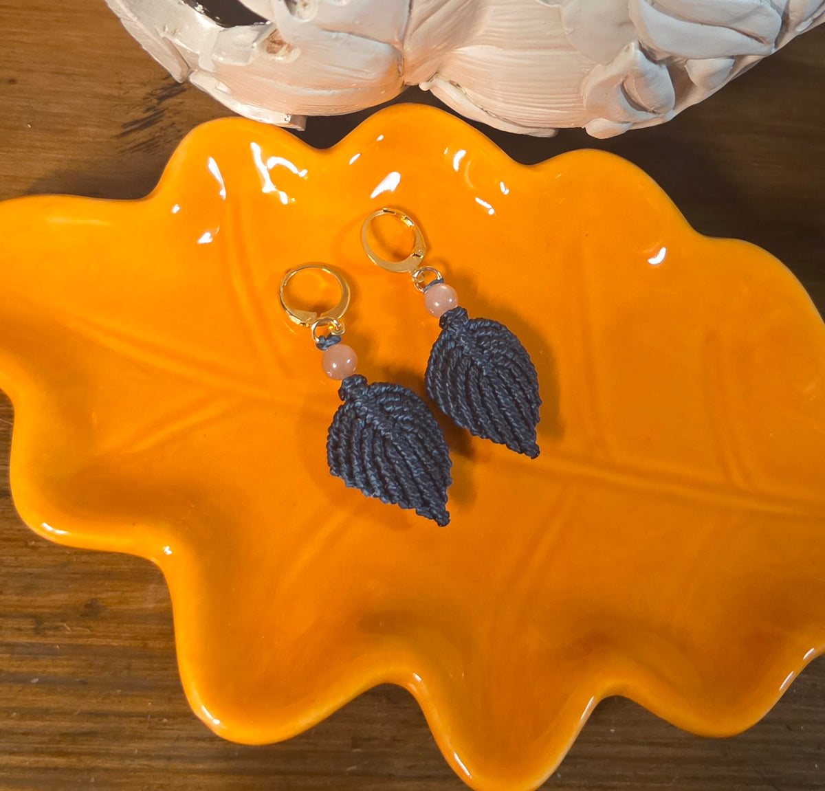 Autumn Macreme Leaf Earrings - Dark Teal