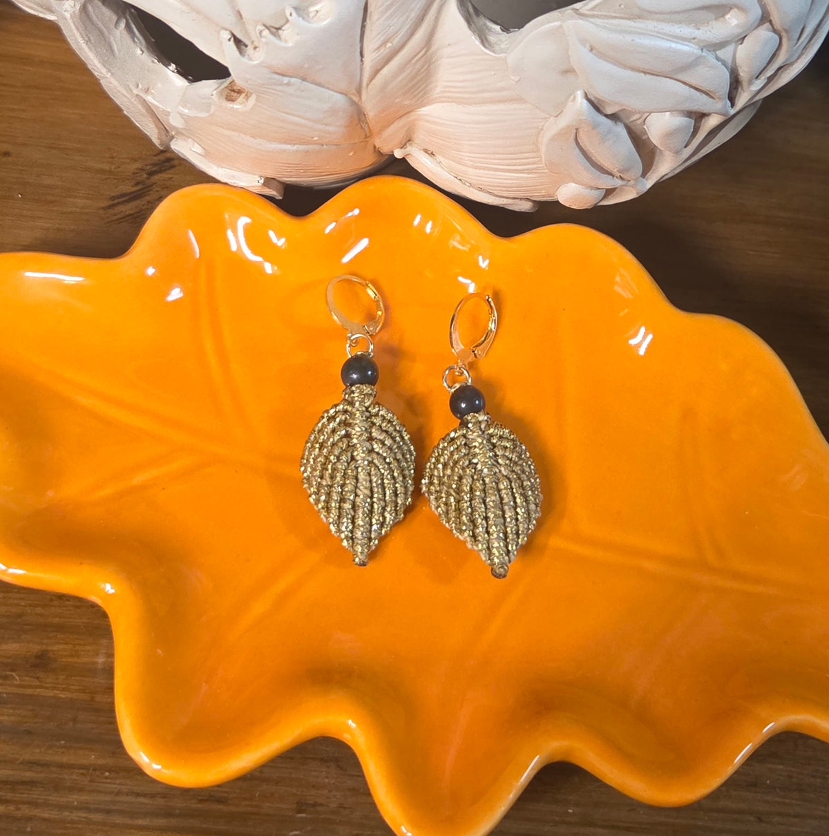 Autumn Macreme Leaf Earrings - Gold