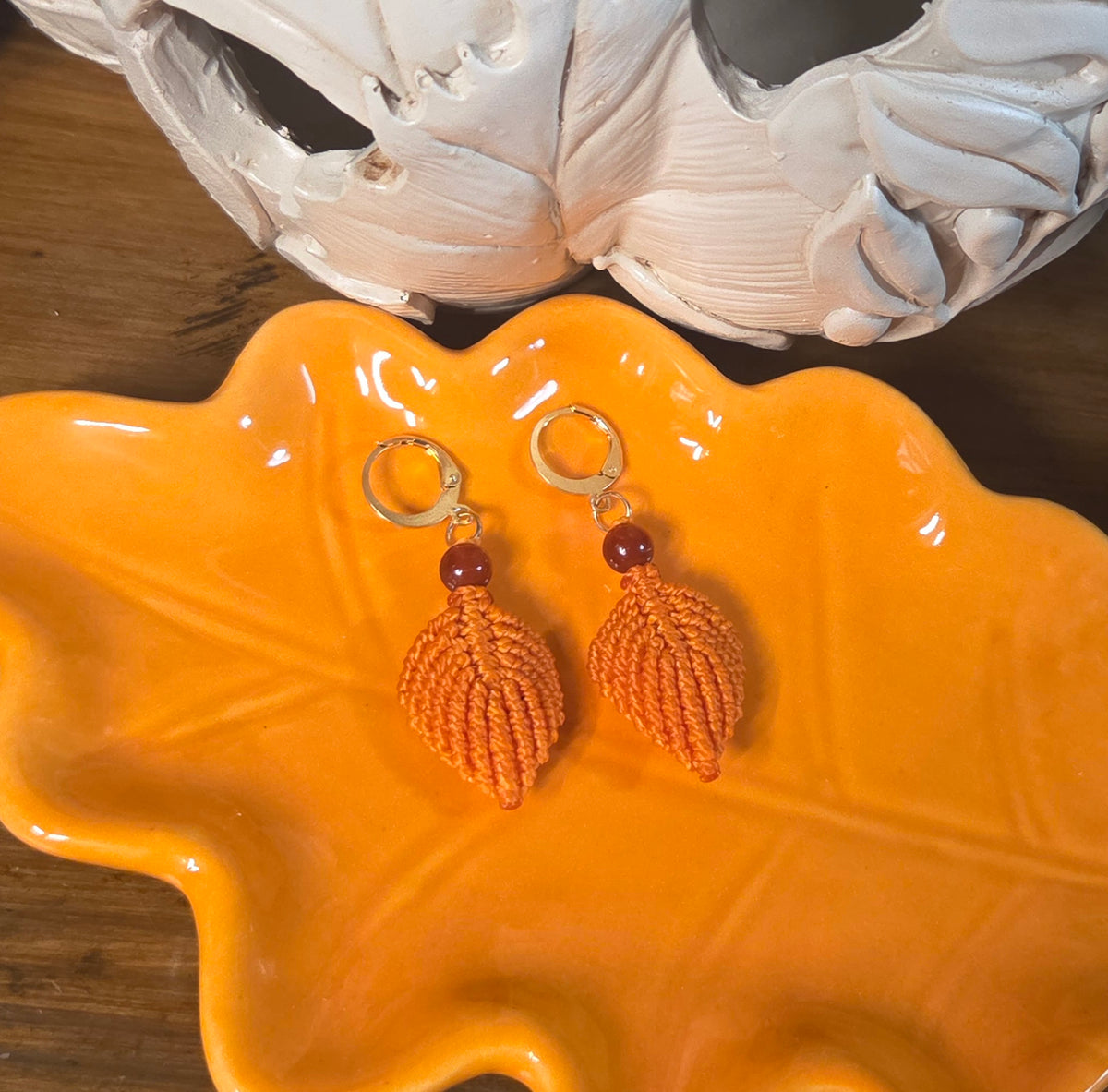 Autumn Macreme Leaf Earrings - Orange
