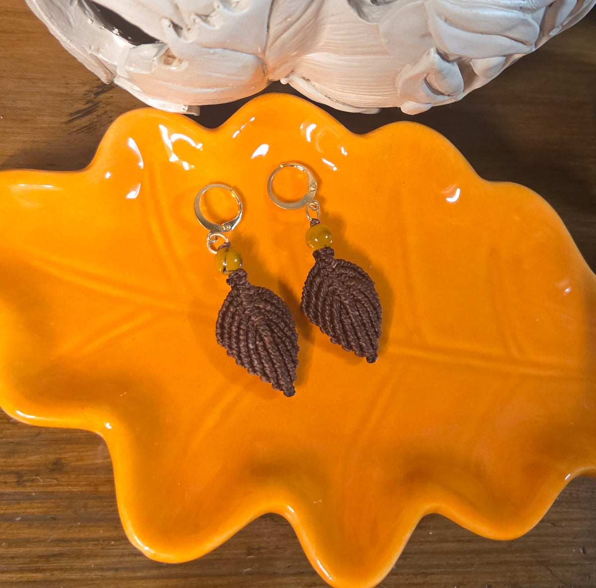 Autumn Macreme Leaf Earrings - Dark Brown