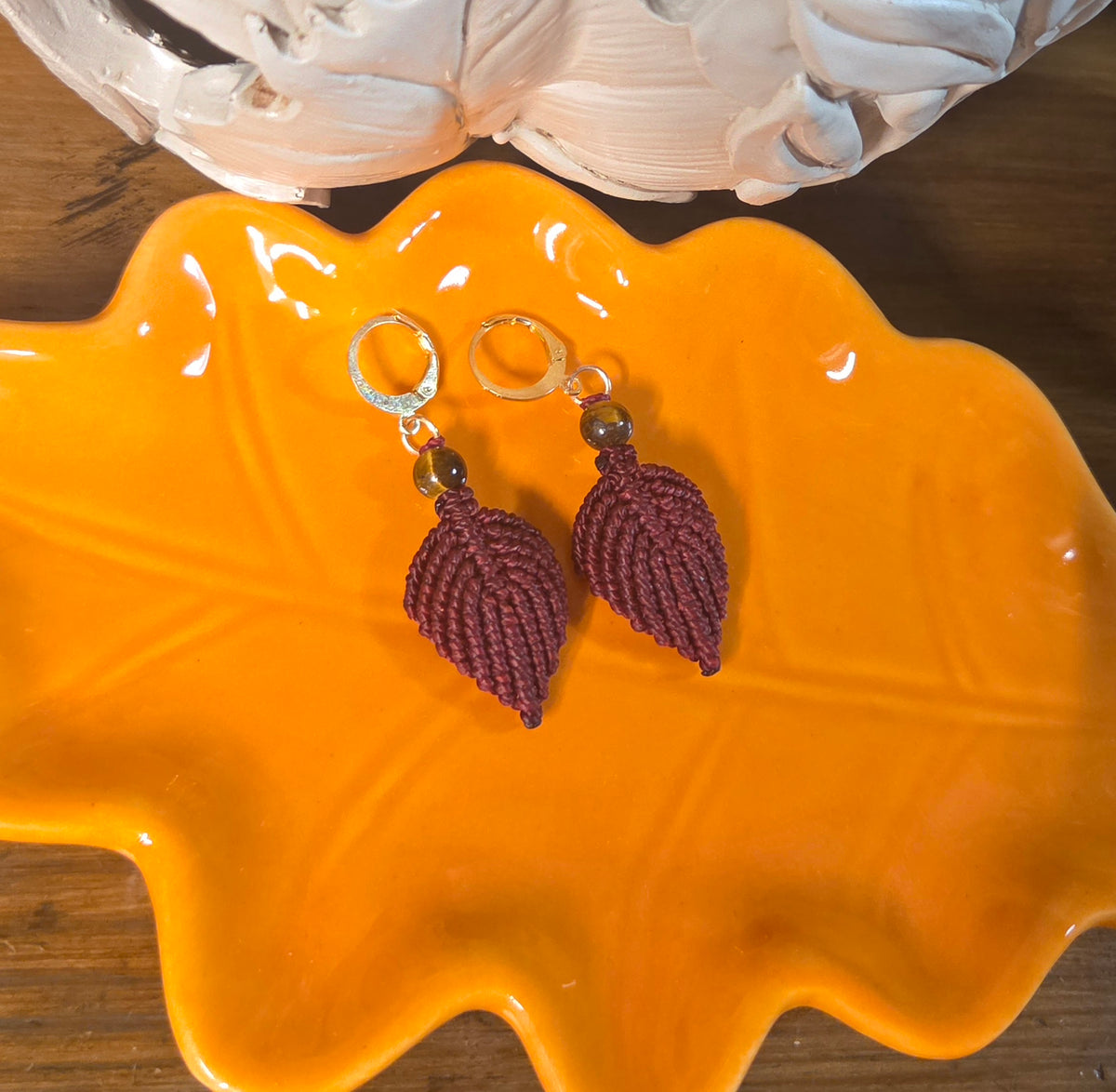 Autumn Macreme Leaf Earrings - Burgundy